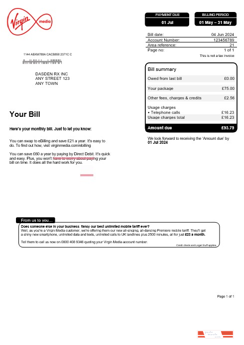 United Kingdom Virgin Media business utility bill, Word and PDF template PSD template